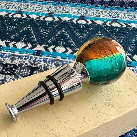 Beautiful Glass and Steel Multi-colored Italian Italy Murano Glass Wine Stopper - Picture 1 of 16